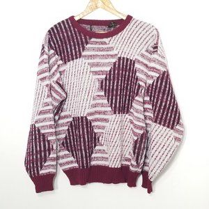Grandpa Vintage Burgundy Oversized Knitted Geometric Pattern Sweater Retro Med